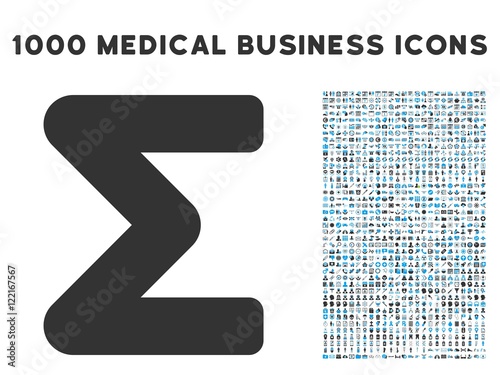 Sum icon with 1000 medical commerce gray and blue vector pictographs. Design style is flat bicolor symbols, white background.