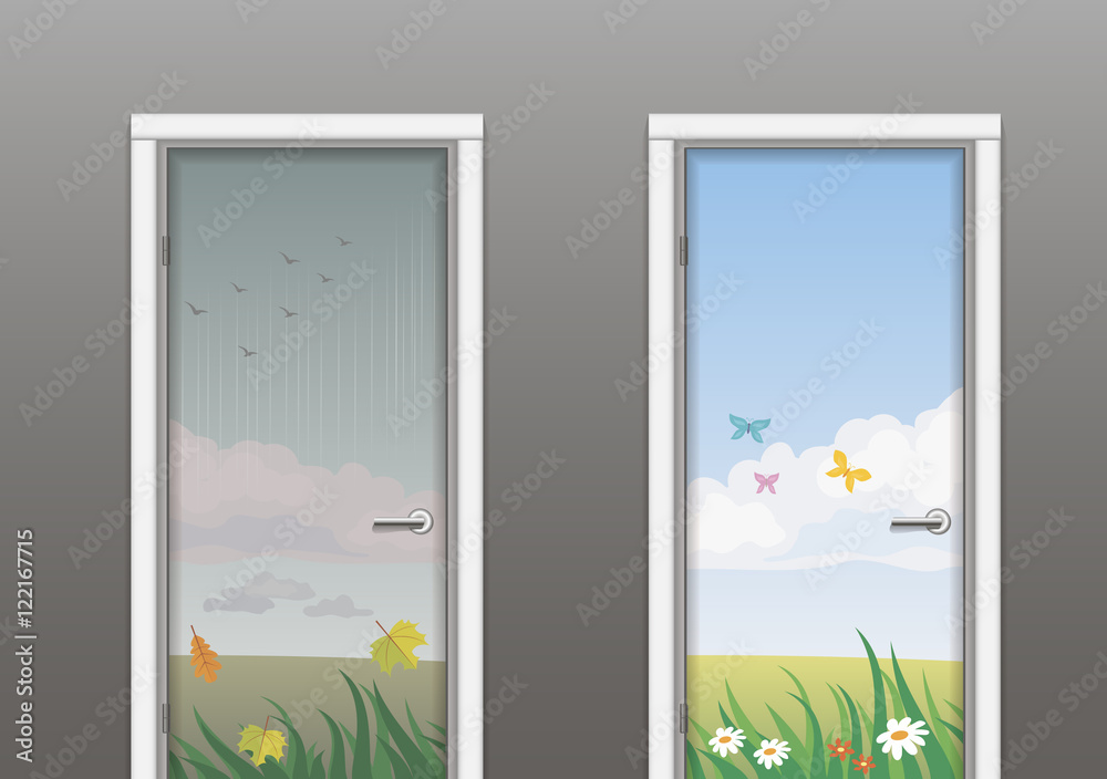 Fototapeta premium Two doors depicting the texture of autumn and spring or summer. Vector graphics