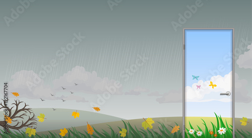 The door leading into the summer on a background of bleak autumn rainy weather. Vector graphics