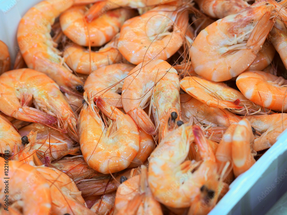 Boiled shrimps on fish market Boiled shrimps on fish market