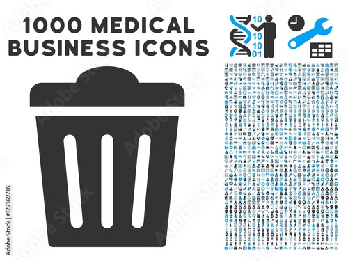 Trash Can icon with 1000 medical business gray and blue vector pictograms. Set style is flat bicolor symbols, white background.