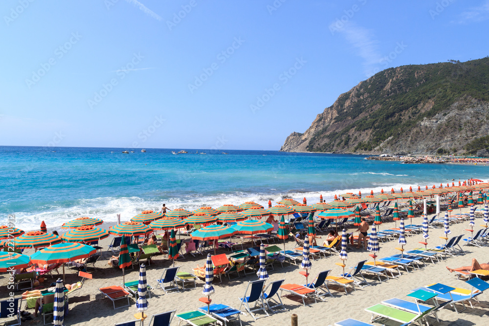 Beach at Cinque Terre village Monterosso al Mare and Mediterranean Sea, Italy