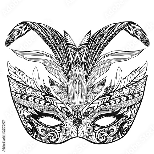 Hand drawn doodle carnival mask page. Illustration for adult coloring book. It can be used for tattoo or print on t-shirt. Vector illustration.