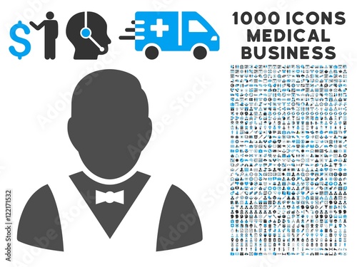 Waiter icon with 1000 medical commercial gray and blue vector pictographs. Collection style is flat bicolor symbols, white background.