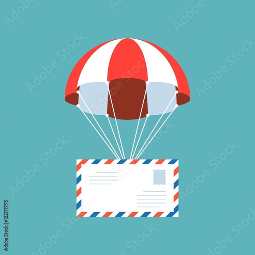 airmail, envelope with parachute, delivery service concept, flat design