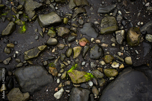 Black sand with stones and seaweed background. Iceland