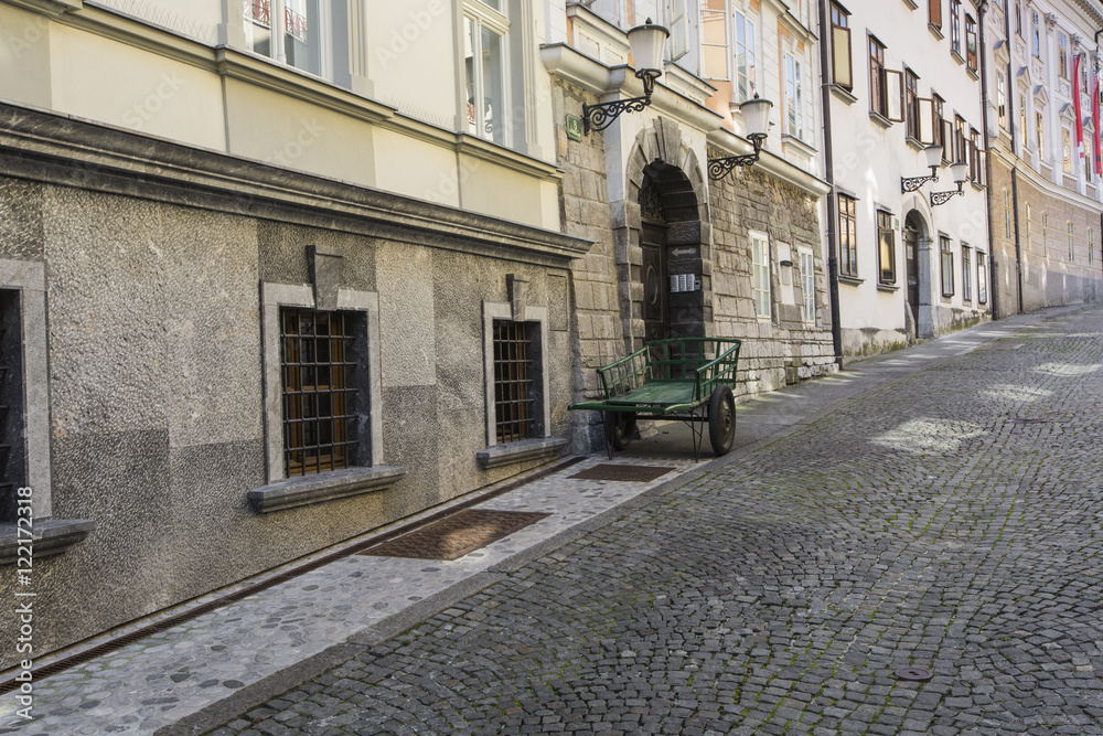 Beautiful street in old city centre near the city hall in Ljubljana. 