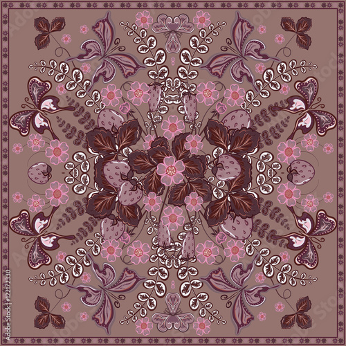 Decorative color floral background, strawberry and butterfly pattern  ornate lace frame. Bandanna shawl fabric print, silk neck scarf, kerchief design, vector illustration. Fruit square decoration
