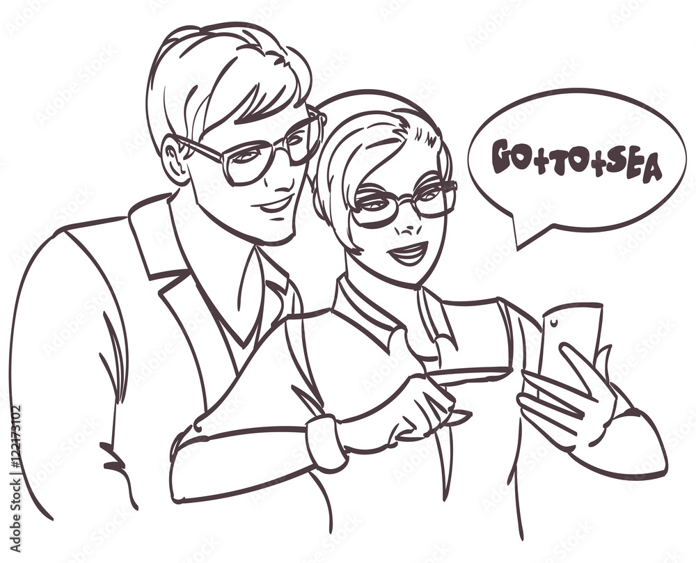 Vector hipster couple looking phone. Love couple.Pop Art Couple.Pop Art love. Valentines day postcard. Real love. Movie poster. Comic book love. eps 10 Vector hipster couple looking phone. Love couple.Pop Art Couple.Pop Art love. Valentines day postcard. Real love. Movie poster. Comic book love. eps 10