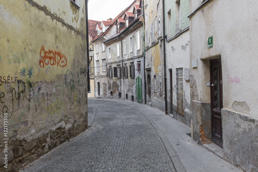 Obraz premium Beautiful street in old city centre near the city hall in Ljubljana.