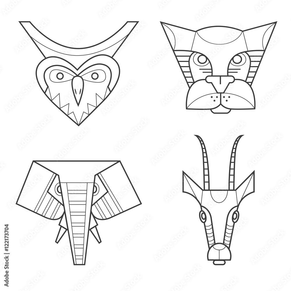 Black and white african masks animals. Owl, leopard, elephant, gazelle.  Stock Illustration | Adobe Stock