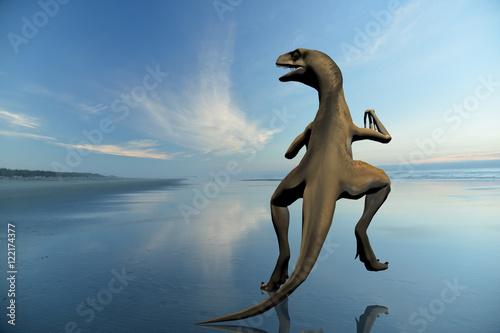 digitally rendered illustration of a raptor on a beach