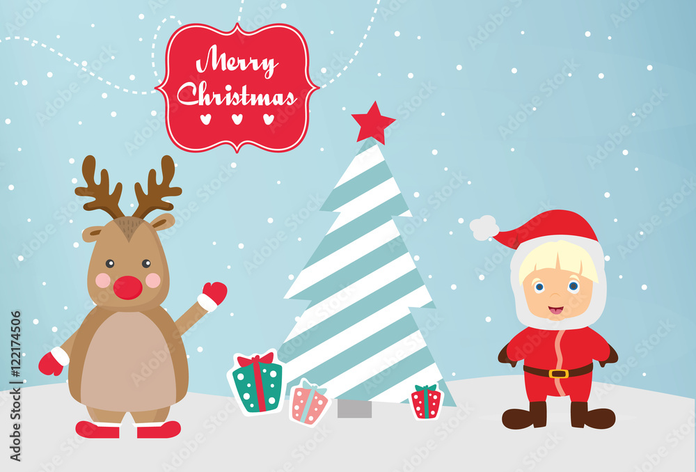 Rudolph und Weihnachtsmannkind am Tannenbaum Rudolph und Weihnachtsmannkind am Tannenbaum