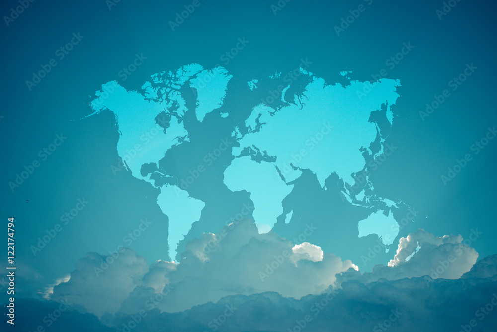 Blue sky cloud with world map , process in vintage style Blue sky cloud with world map , process in vintage style