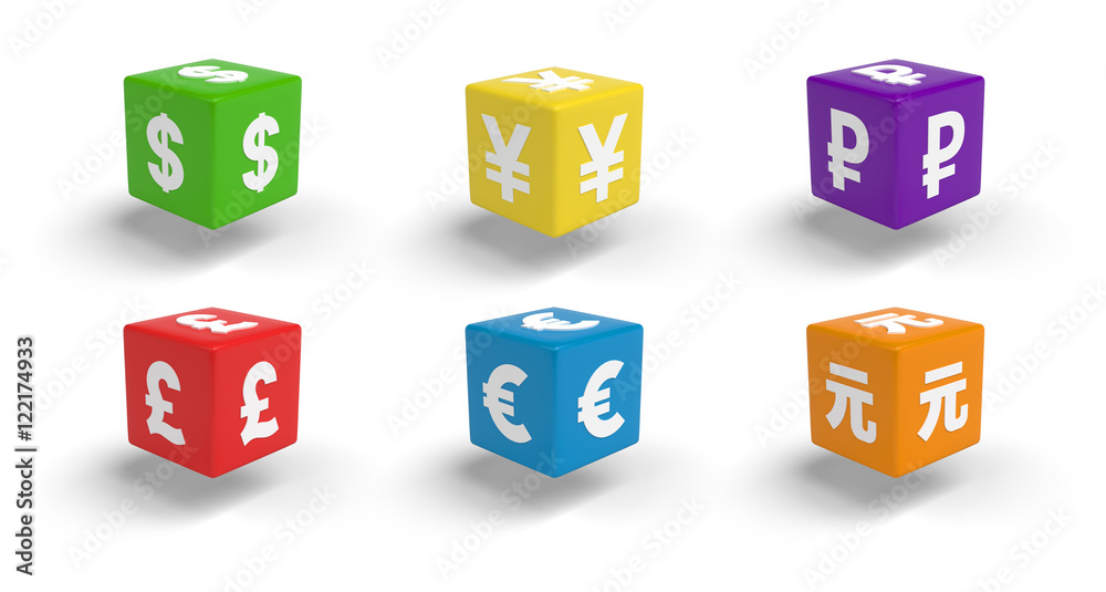 Obraz premium 3d colorful cubes of different currencies symbols