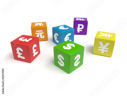 3d colorful cubes of different currencies symbols