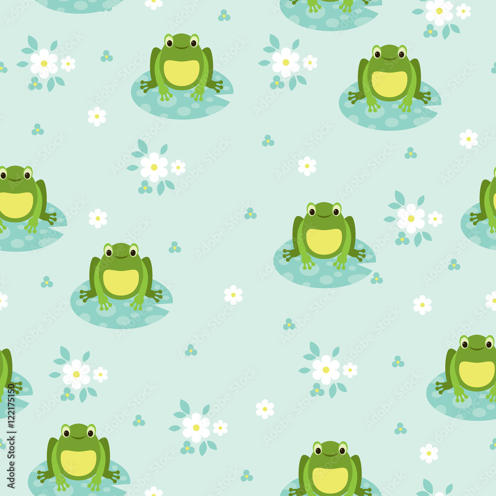 Obraz premium Seamless wallpaper green frog on a blue lake
