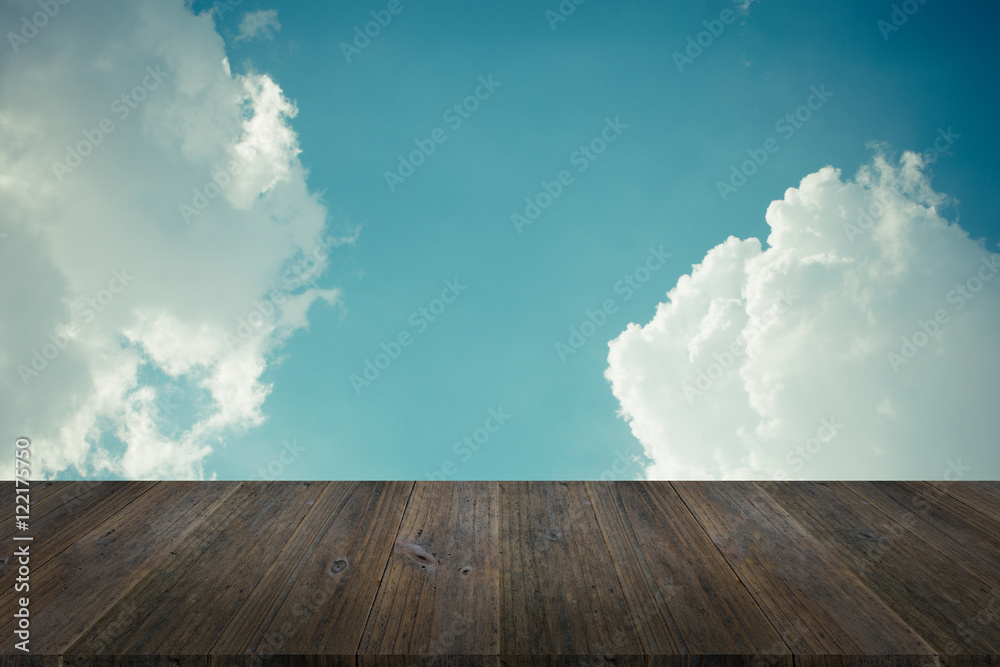 Blue sky cloud with Wood terrace , process in vintage style Blue sky cloud with Wood terrace , process in vintage style