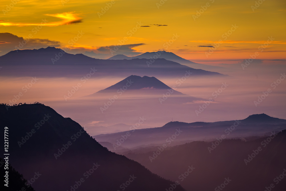 Layer of mountains and mist at sunset time, Landscape