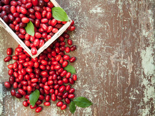 Red berries of organic cornel in a basketed photo