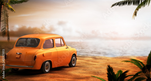 Fototapeta Naklejka Na Ścianę i Meble -  Retro car on a beach at beautiful sunset. Out of town.3D illustr