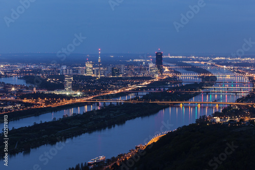 Skyline of Donau City - Vienna DC and bridges on Danube River photo