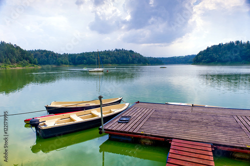 Fototapeta Naklejka Na Ścianę i Meble -  Boats at dock, Pilchowickie Lake, Poland