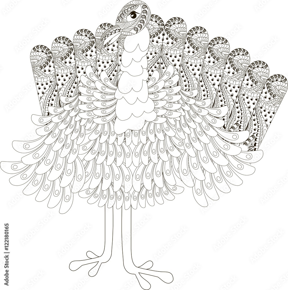 Black and white sketch of a ornamental turkey, hand drawn vector illustration Black and white sketch of a ornamental turkey, hand drawn vector illustration