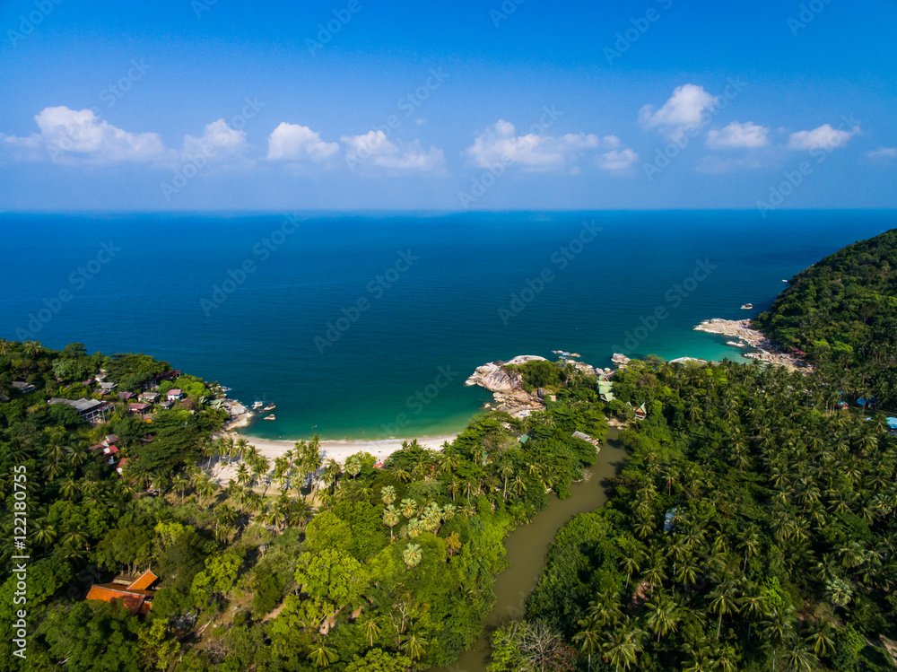 Aerial view of the beach with shallows Koh Phangan, Thailand