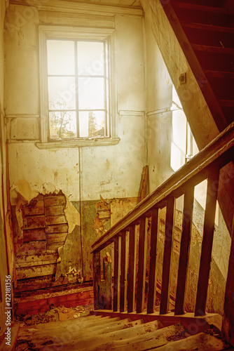 The flight of stairs in an old house.