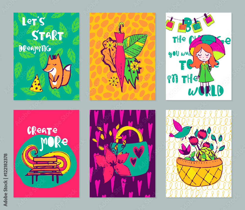 Fototapeta premium Autumn funny hand drawn cards set