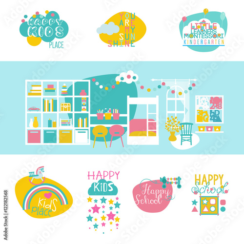 Early educational logotypes set and Classroom interior