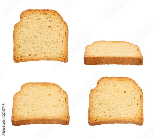 set fried toast isolated on white background, sweet rusks bread clipping path