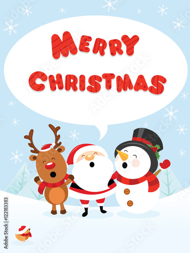 Santa Reindeer and Snowman Celebrating Christmas