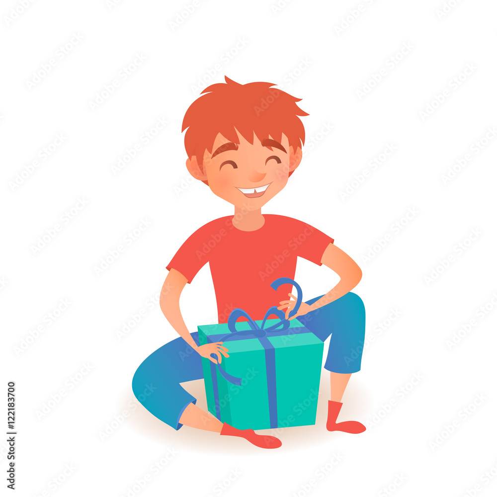 Boy with gift isolated on white. Christmas or New Year. Vector illustration. Cute cartoon stylized child Boy with gift isolated on white. Christmas or New Year. Vector illustration. Cute cartoon stylized child