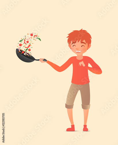 Child tossing vegetables in a wok. Flipping food in a pan. Vector illustration. Cute boy