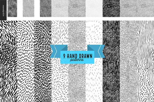 Handdrawn black and white patterns set. Fur or leaves seamless black and white patterns photo