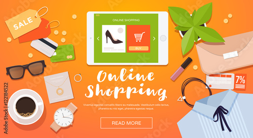 Online shopping. Online store for women. Flat lay.