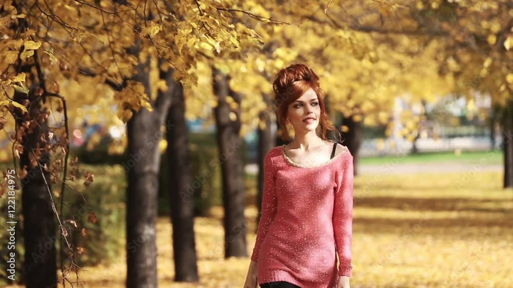 Beautiful elegant woman standing in a park in autumn Beautiful elegant woman standing in a park in autumn
