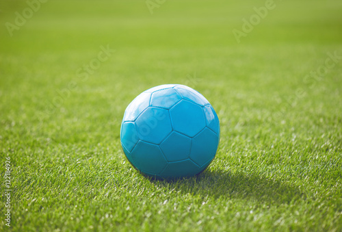 Blue soccer ball on a green grass