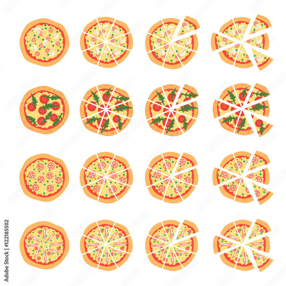 Set with different varieties of pizza. Cut slices. Margherita, shrimp, bacon, onion, tomatoes. Top view. Vector illustration.  Isotated on white