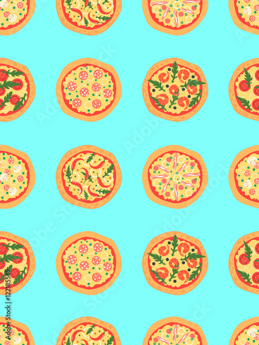 Seamless pattern with different pizza including margherita, pepperoni, shrimp, onion, chili pepper, bacon, tomatoes. Vector background. Cartoon stylized