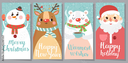 Set of Christmas and New Year greeting cards. Vector illustration.