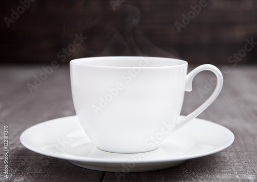 Coffee cup espresso hot white on wooden board