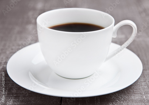 Coffee cup espresso hot white on wooden board