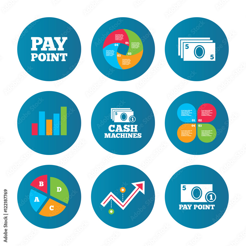 Cash and coin icons. Money machines or ATM. Cash and coin icons. Money machines or ATM.