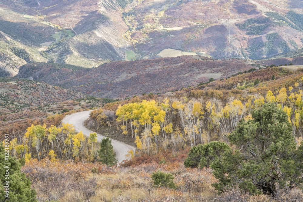 Naklejka premium Coffee Pot road with golden aspen
