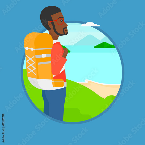 Tourist with backpack hiking vector illustration.