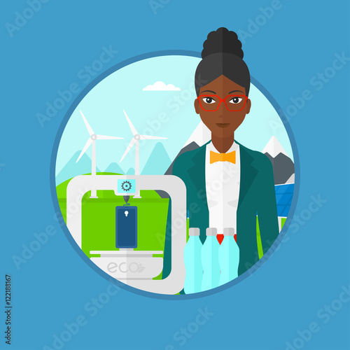 Woman with three D printer vector illustration.