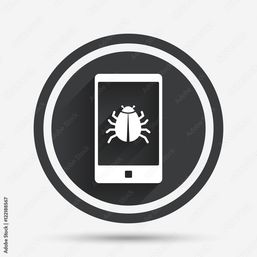 Smartphone virus sign icon. Software bug symbol. Smartphone virus sign icon. Software bug symbol.